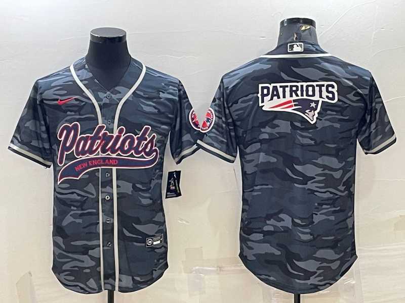 Mens New England Patriots Grey Camo Team Big Logo With Patch Cool Base Stitched Baseball Jersey